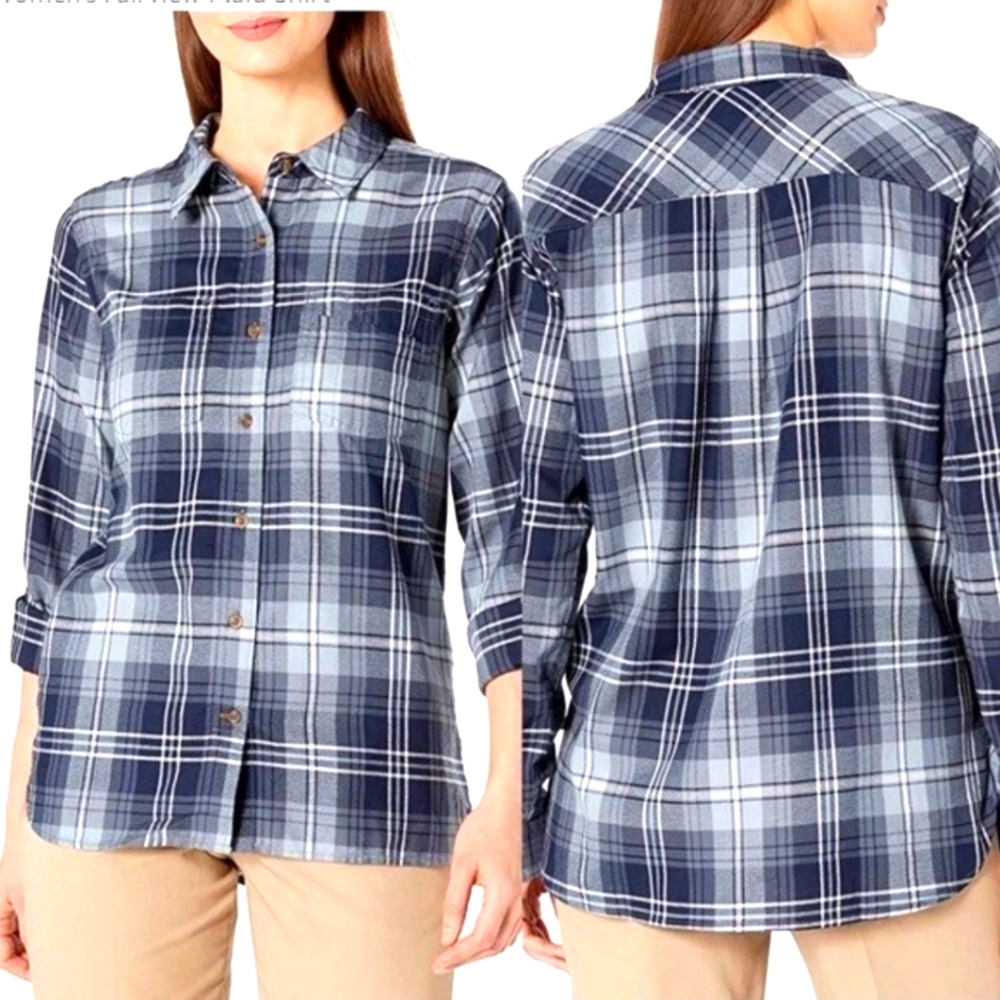 Carhartt Blue Fairview Plaid Roll Tab Sleeves Womens Button Down Dress Shirt M